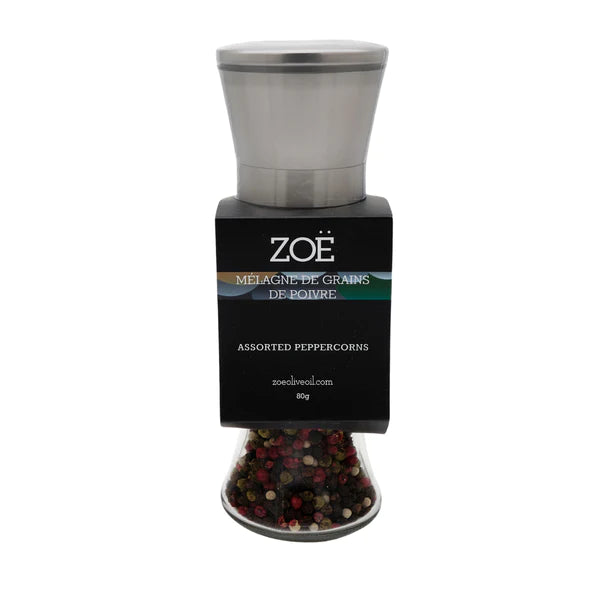 Zoe Olive Oil - Mixed Pepper Mill - Glass and stainless Steel