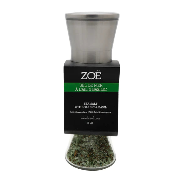 Zoe Olive Oil - Garlic & Basil Salt - Glass and Stainless Steel