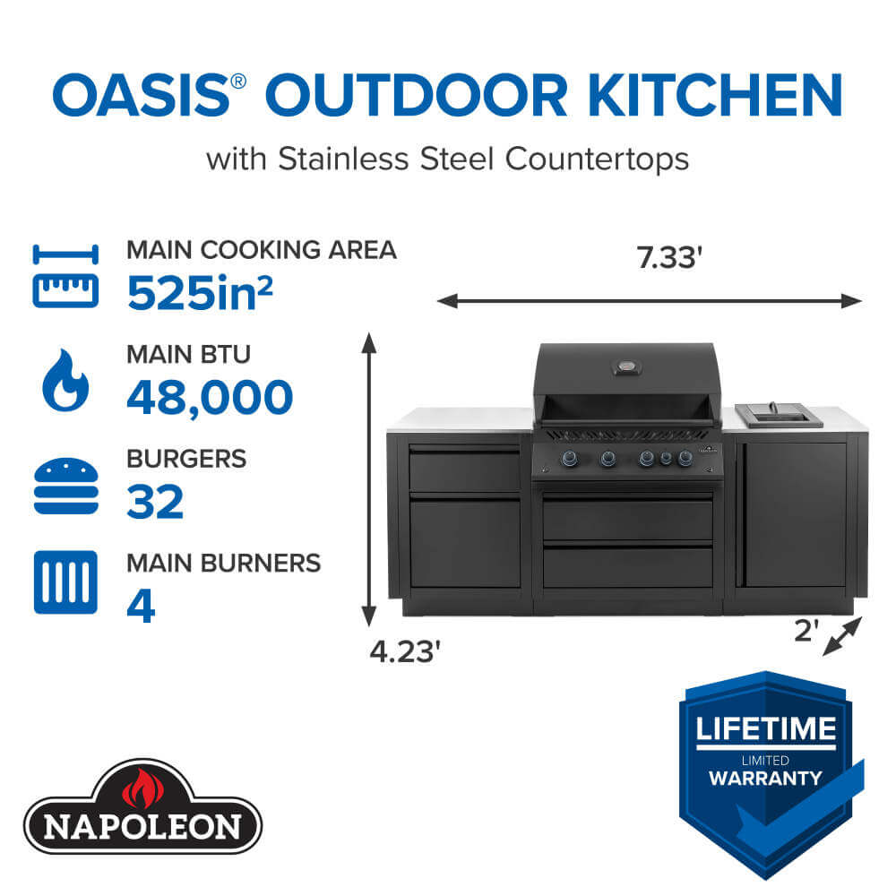 OASIS® Outdoor Kitchen Kit, Matte Black, Natural Gas, Series 32 with Stainless Steel Countertops