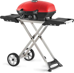 TravelQ™ 285X Portable Propane Gas Grill and Scissor Cart with Griddle, Red