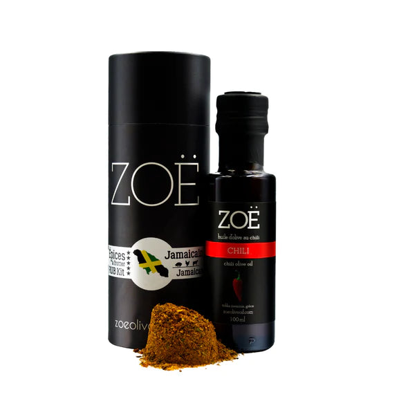 Zoe Olive Oil Jamaican Rub Kit with one oil and one spice rub