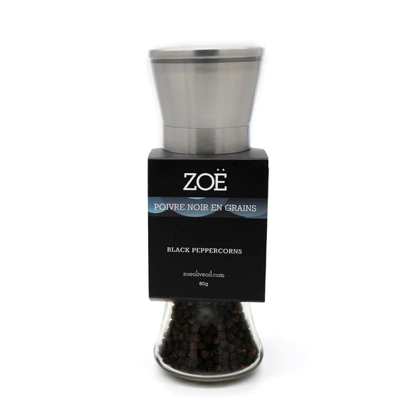 Zoe Olive Oil - Black Peppercorn Mill - Glass and stainless Steel